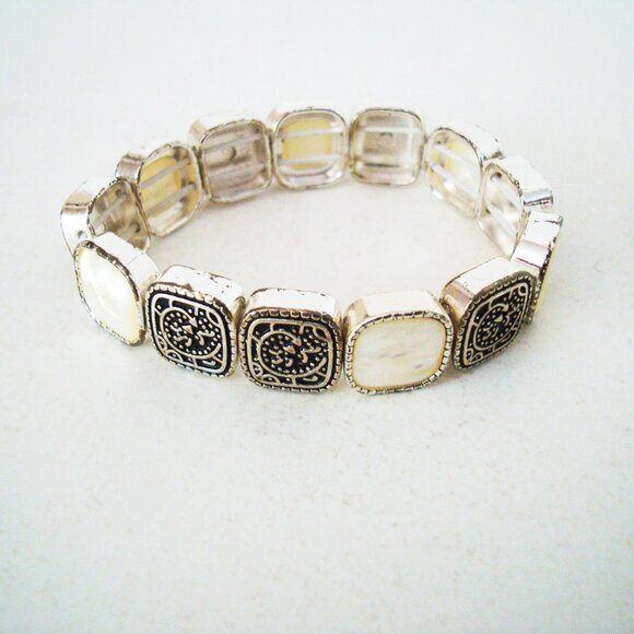 Monet Stretch Bracelet Pre-loved with mother of pearl filigree antiqued silver - Picture 1 of 10